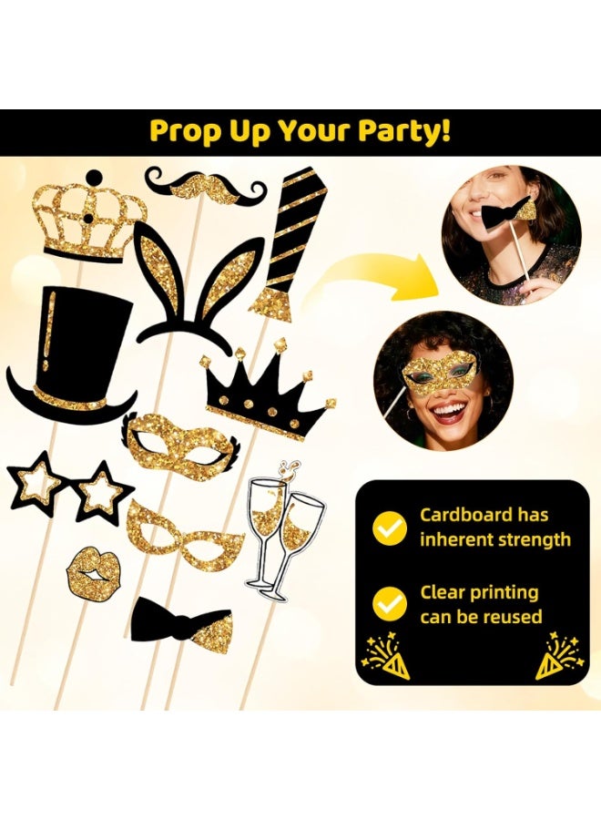 23PCS Gold and Black Photo Booth Props Set, Funny Photobooth Props Kit for Birthday Wedding Graduation New Year Party Celebration Decoration Supplies - Image 5